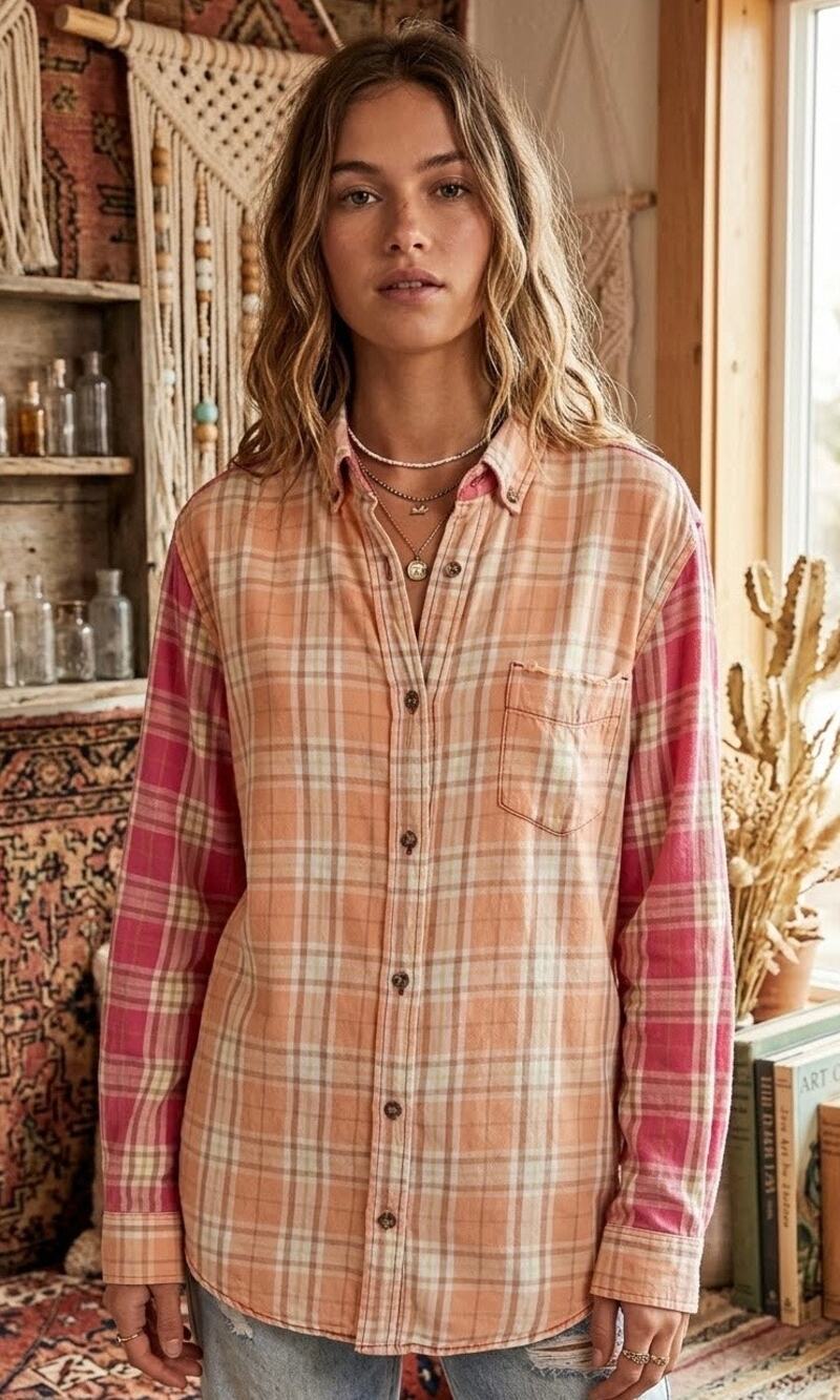 Vintage Cottagecore Upcycled Flannel Layering Boyfriend Plaid Shirt Large